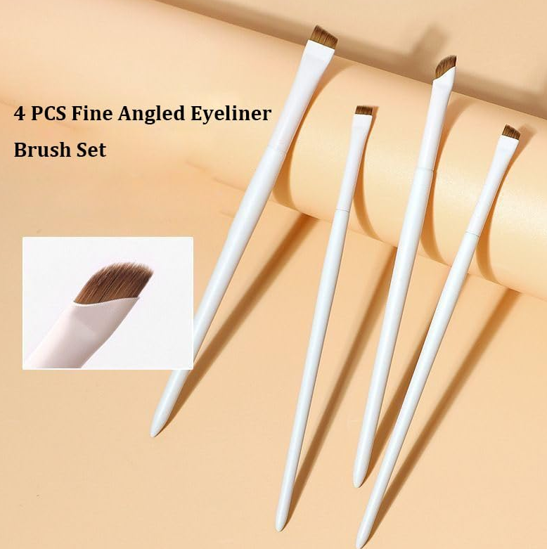 4 Piece Angled Eyeliner & Brow Brush Set Ultra Thin Precision Brushes For Gel Liner & Brows. Includes Leather Case.